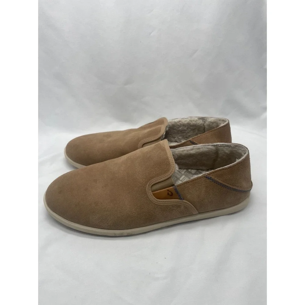 Olukai Shoes Mens 12 Hele Malie Tan Leather‎ Suede Wool Lining